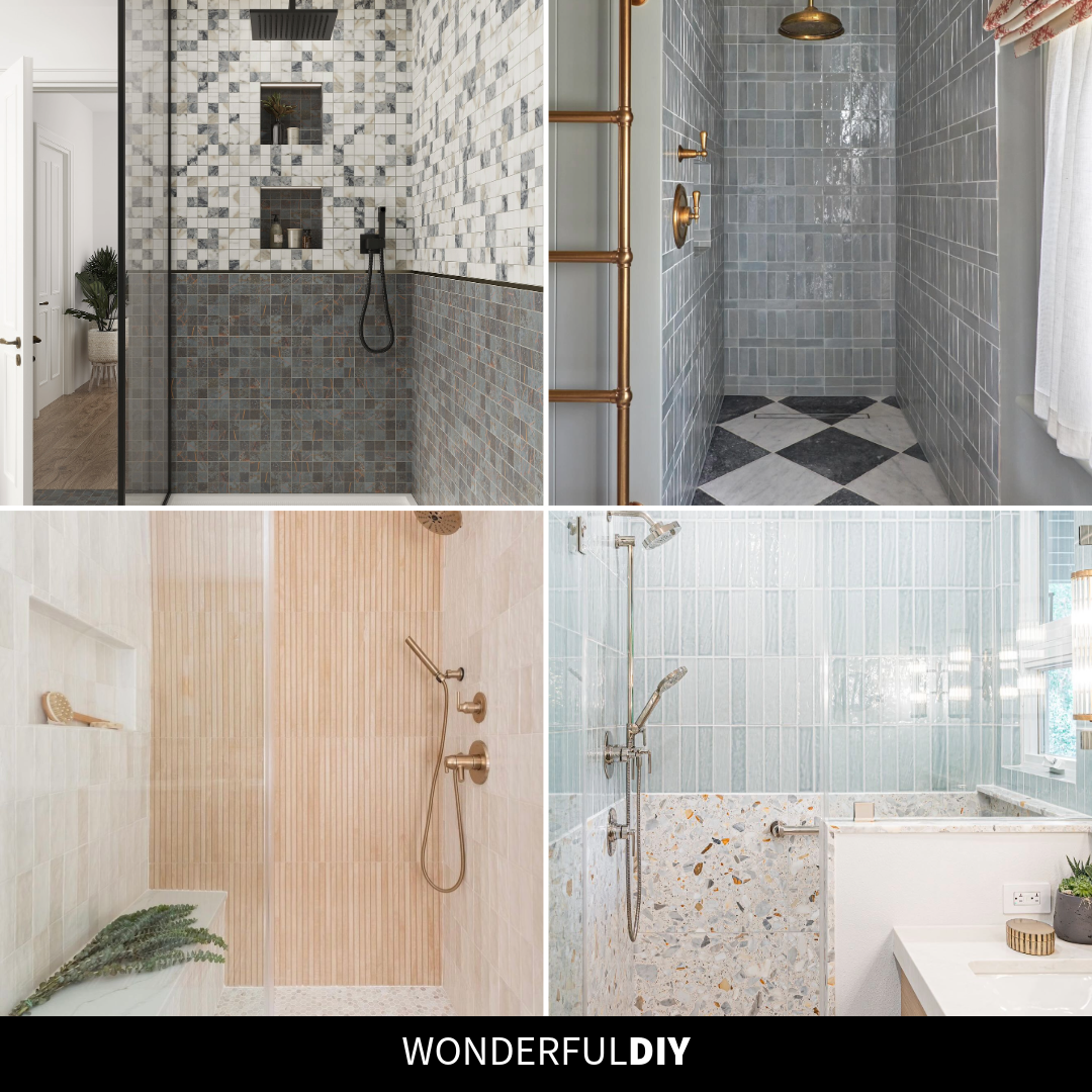 Four-image collage showing a marble mosaic walk-in shower with black fixtures, a blue zellige shower with a checkerboard floor, a wood-look fluted tile spa shower with brass fixtures, and a pale aqua vertical tile shower with a terrazzo wall