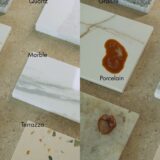 Two-panel side-by-side comparison of six labeled countertop sample slabs — granite, quartz, porcelain, marble, terrazzo, and quartzite — on the left shown clean and empty, on the right shown with pools of dark coffee-colored liquid spooned onto each for a stain test.