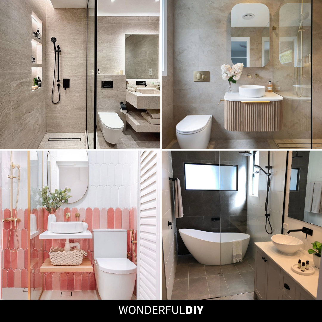Collage of four small full bathroom ideas including a cream travertine shower bath, a travertine bathroom with a fluted wood vanity, a pink fish-scale tile bathroom, and an open wet room with a freestanding slipper tub