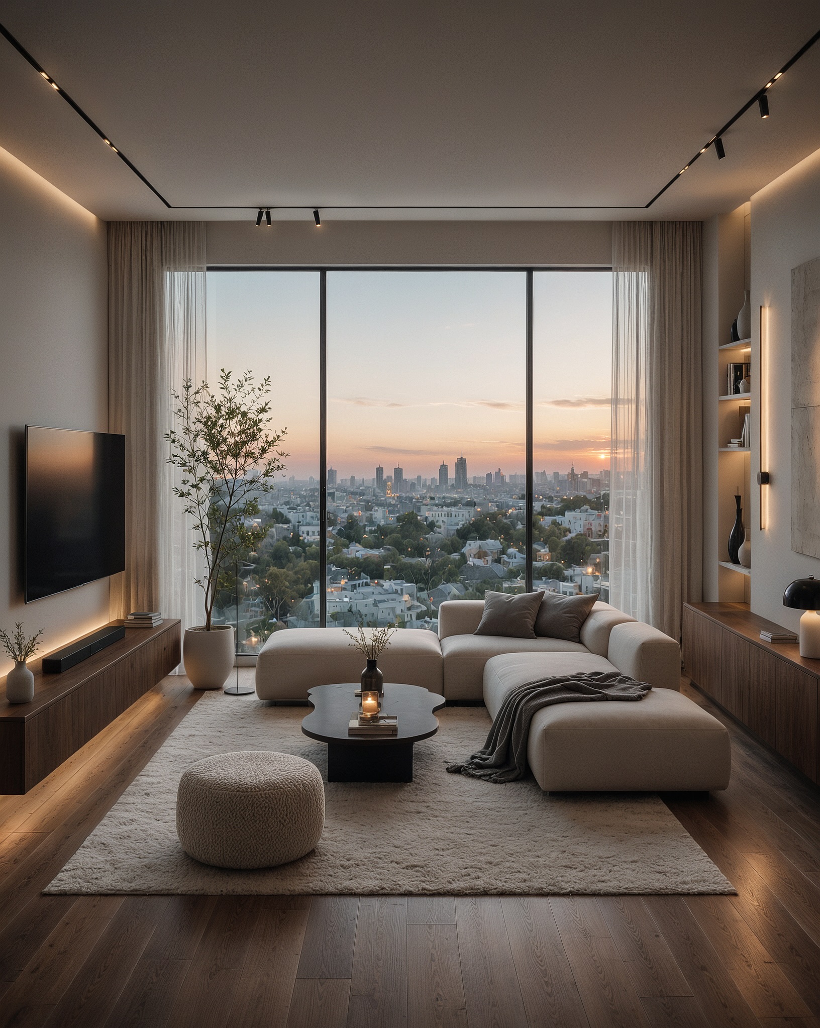 Cream low-profile sectional sofa with a draped gray throw blanket facing floor-to-ceiling windows overlooking a city skyline at sunset, with a wall-mounted TV on the left, a round black cloud-shaped coffee table with a lit candle, a round cream pouf, a small olive tree in a white pot, and warm wood plank floors