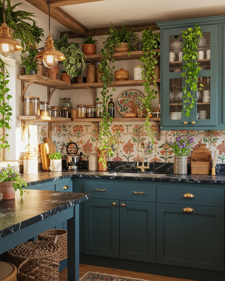 Deep teal shaker kitchen cabinets with black marble counter, floral and vine botanical wallpaper backsplash, brass pulls, open wood shelves, and cascading pothos vines spilling off the shelves