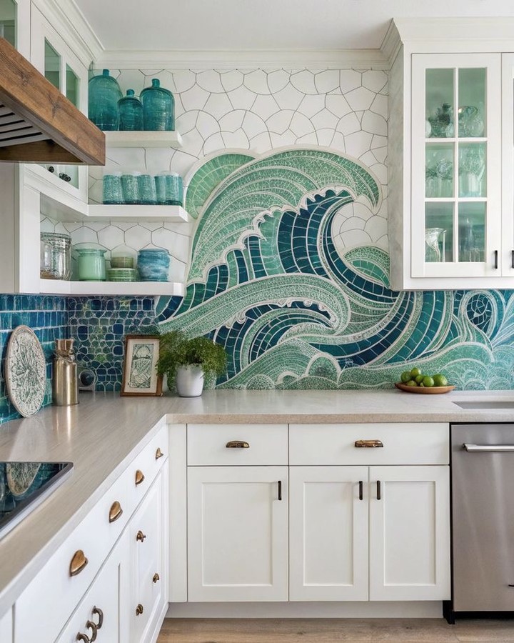 Coastal kitchen with a hand-tiled teal and turquoise ocean wave mosaic mural on the wall, white shaker cabinets with brass pulls, open shelves lined with turquoise glass bottles, and a smaller mosaic tile section in deeper blue below