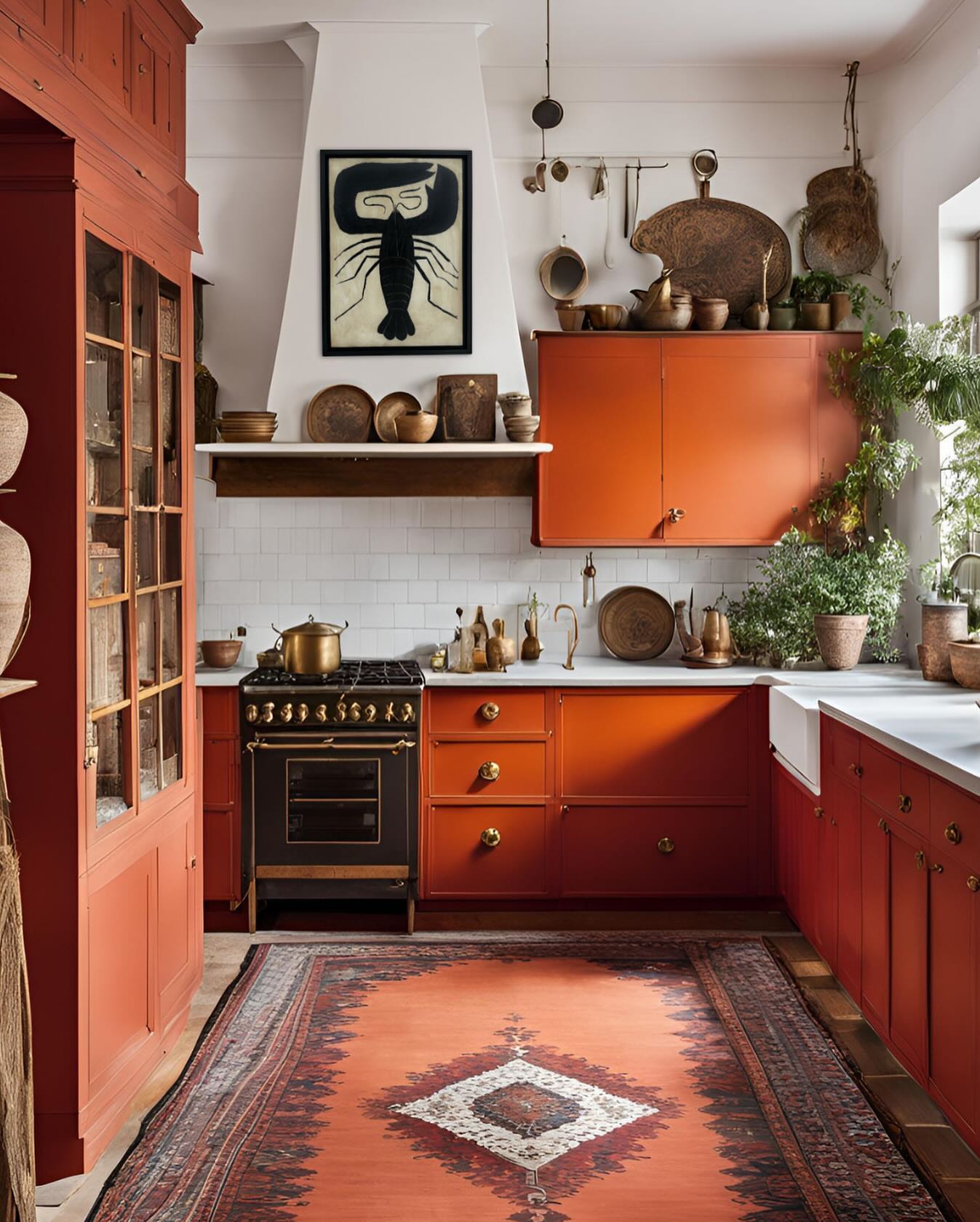 Terracotta and red painted kitchen cabinets with white subway tile, vintage brass knobs, a black antique stove with brass fittings, a lobster artwork on the hood, and a layered red kilim rug