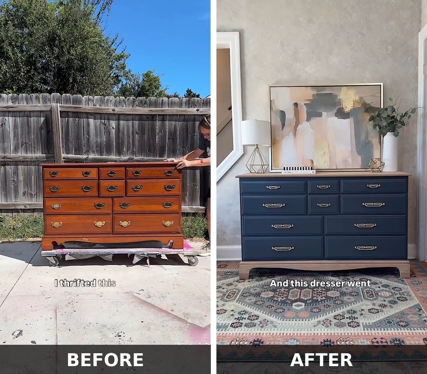Side-by-side comparison of the cherry-stained thrifted dresser with scalloped base and brass colonial pulls on the left, and the finished navy dresser with natural wood top, simpler base, and slim silver bar pulls on the right.
