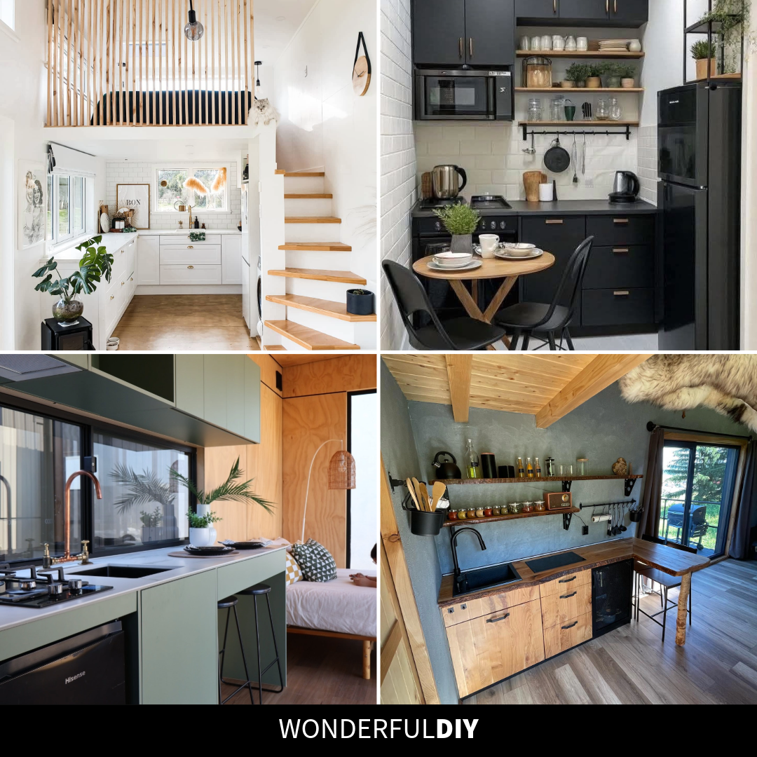 Four tiny house kitchen ideas in a collage featuring a bright white loft kitchen, black cabinets with brass handles, sage green cabinets with a copper faucet, and a live edge wood cabin kitchen