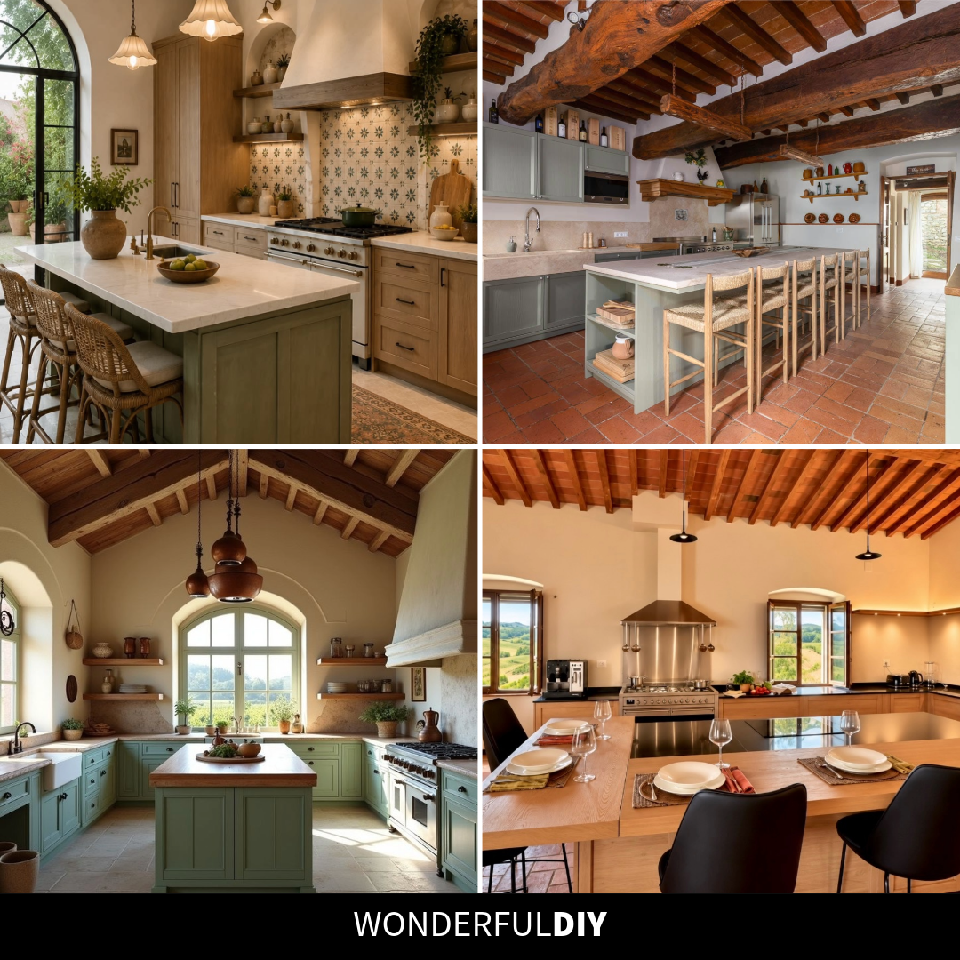 Collage of four Tuscan kitchens showing exposed wood beam ceilings, warm plaster walls, terracotta tile floors, sage green cabinets, patterned tile backsplashes, and arched doorways