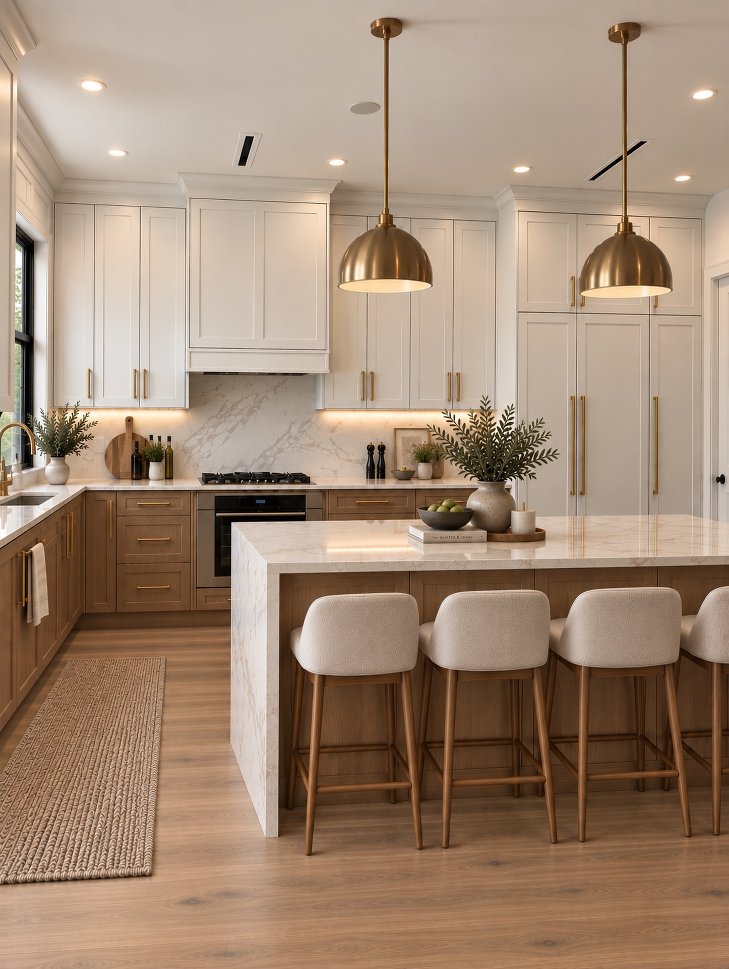 Two-tone kitchen with white upper shaker cabinets, oak lower cabinets, a calacatta marble waterfall island, two brass dome pendants, and patterned cream upholstered bar stools