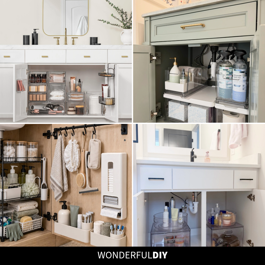 Four-image collage showing clear stackable bins in a white vanity, sage green cabinet with pull-out storage, wood cabinet with door-mounted hooks and shelves, and a lazy susan on top of clear drawers under a bathroom sink