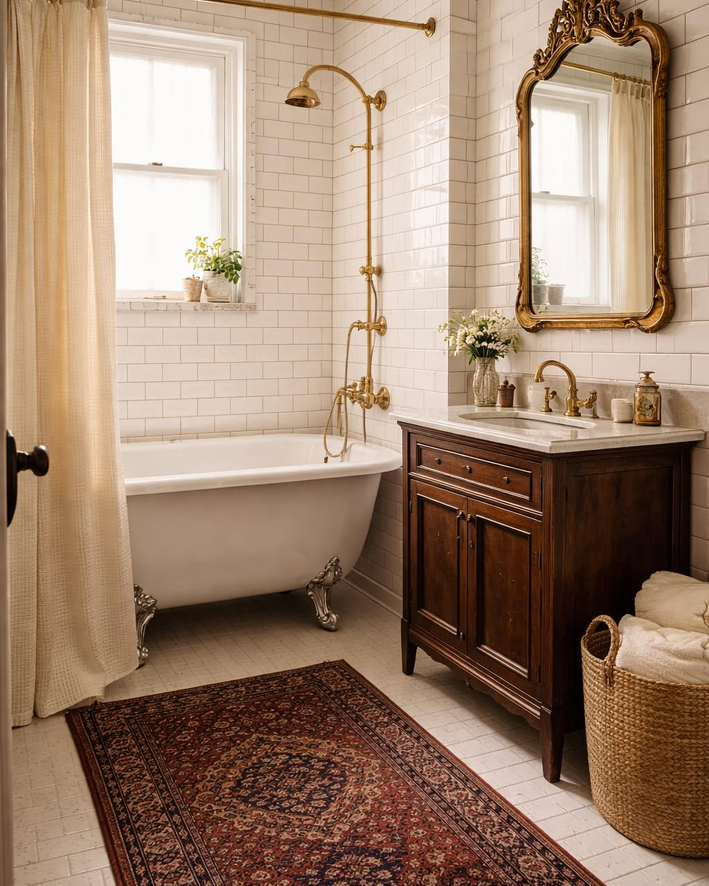 Vintage bathroom with white clawfoot tub, brass exposed shower pipes, white subway tile, ornate gold mirror, dark wood antique vanity, and Persian rug