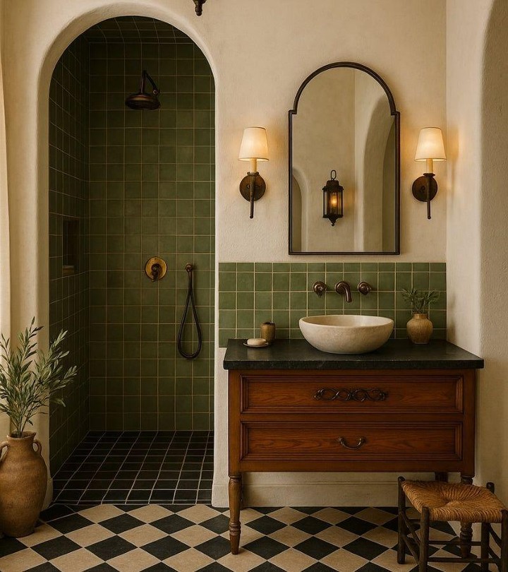 Mediterranean bathroom with sage green square tile shower, arched doorway, brass sconces, arched mirror, and warm wood vanity on checkerboard floor
