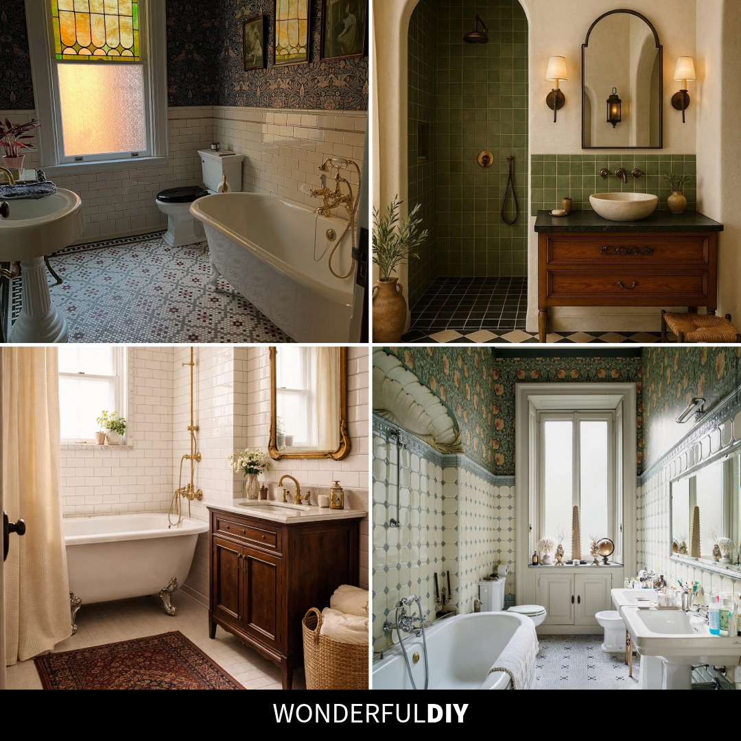 Four-image collage of vintage bathrooms featuring stained glass with clawfoot tub, sage green Mediterranean tile, Morris wallpaper with pedestal sink, and brass clawfoot setup