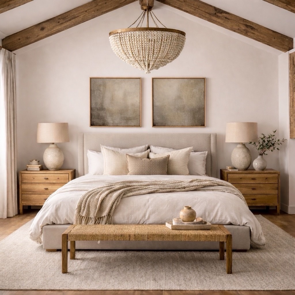 Warm neutral master bedroom with vaulted ceiling, exposed wood beams, upholstered bed, two framed abstract art pieces and matching nightstands