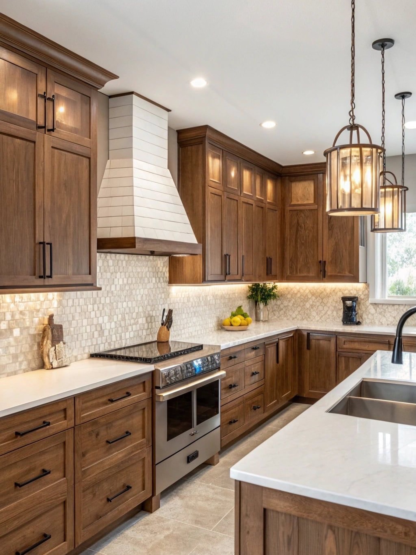 Warm stained oak shaker cabinets with black bar pulls, a white shiplap range hood, mosaic tile backsplash, white quartz counters and iron lantern pendant lights
