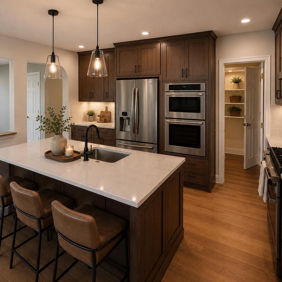 Walnut shaker kitchen cabinets with black bar pulls, white quartz island with black faucet, stainless double wall ovens and brown leather barstools