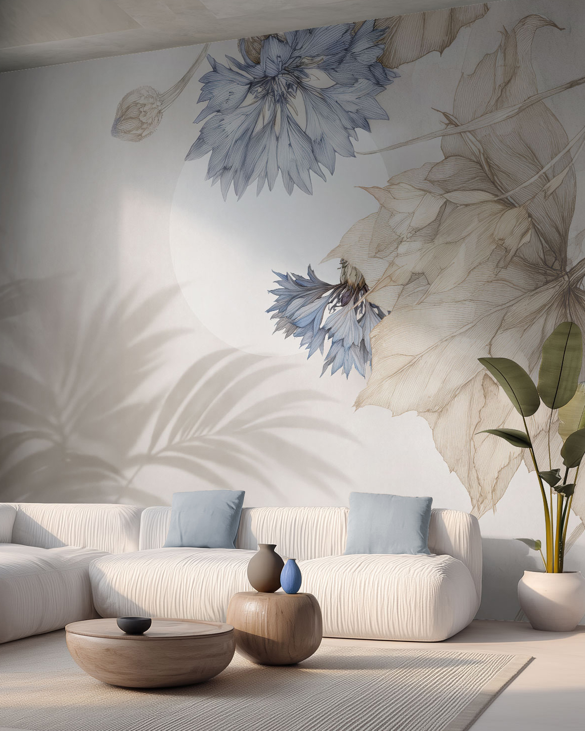 watercolor-cornflower-mural-living-room.jpg Alt: Soft watercolor-style wall mural with blue cornflowers and oversized cream botanical sketches behind a cream corduroy sectional with pale blue pillows, round wooden coffee tables, and a bird of paradise plant