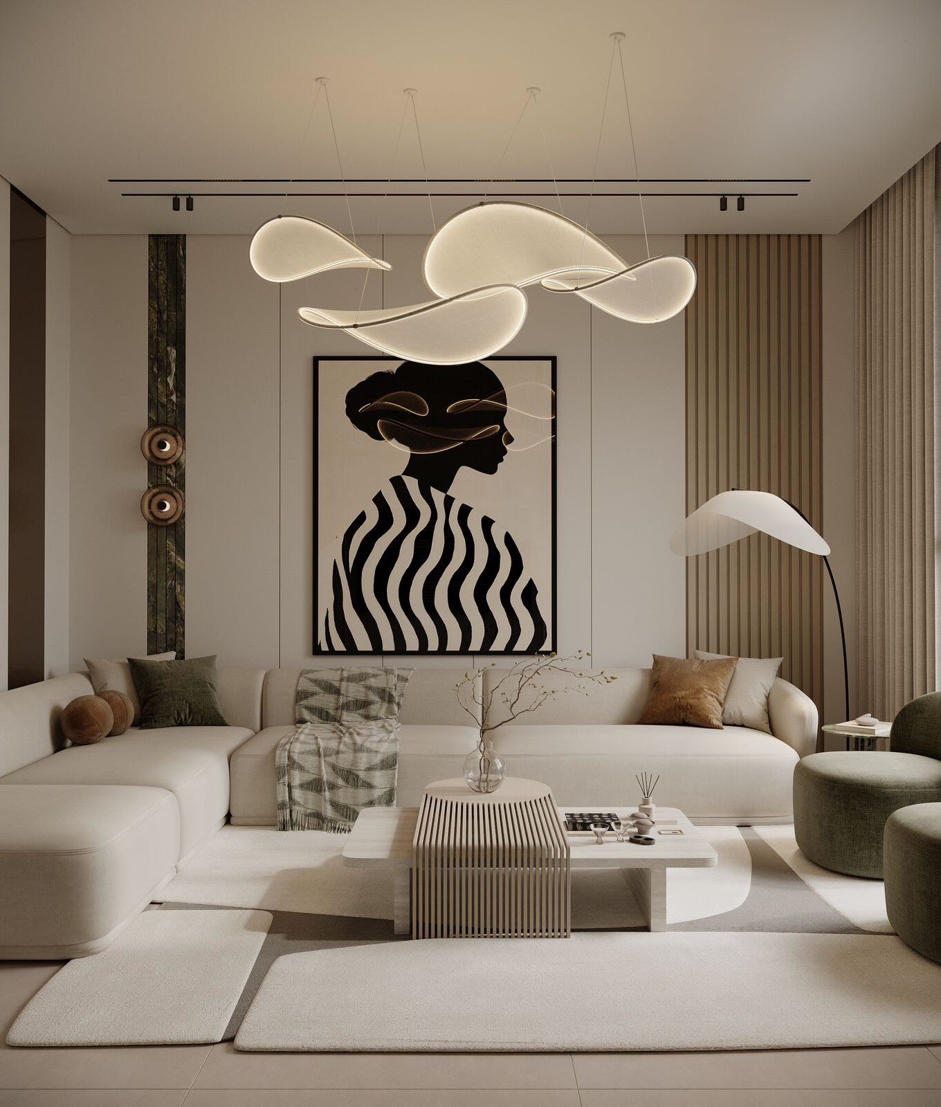 Cream L-shaped sectional sofa with olive green, brown velvet, and gray pillows under a cluster of white wave-shaped LED pendant lights, with a large black-and-white portrait of a woman with wavy black-striped clothing hanging above, a slatted light wood coffee table, two dark green velvet ottomans, and a curved white floor lamp on the right