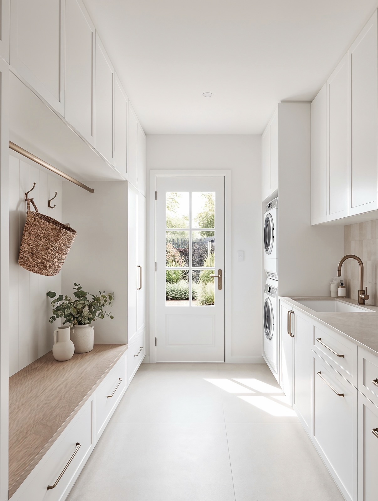 Bright white galley mudroom laundry room with floor-to-ceiling white cabinets, stacked washer dryer on the right, light wood bench with wicker basket and eucalyptus on the left, and a glass garden door at the end