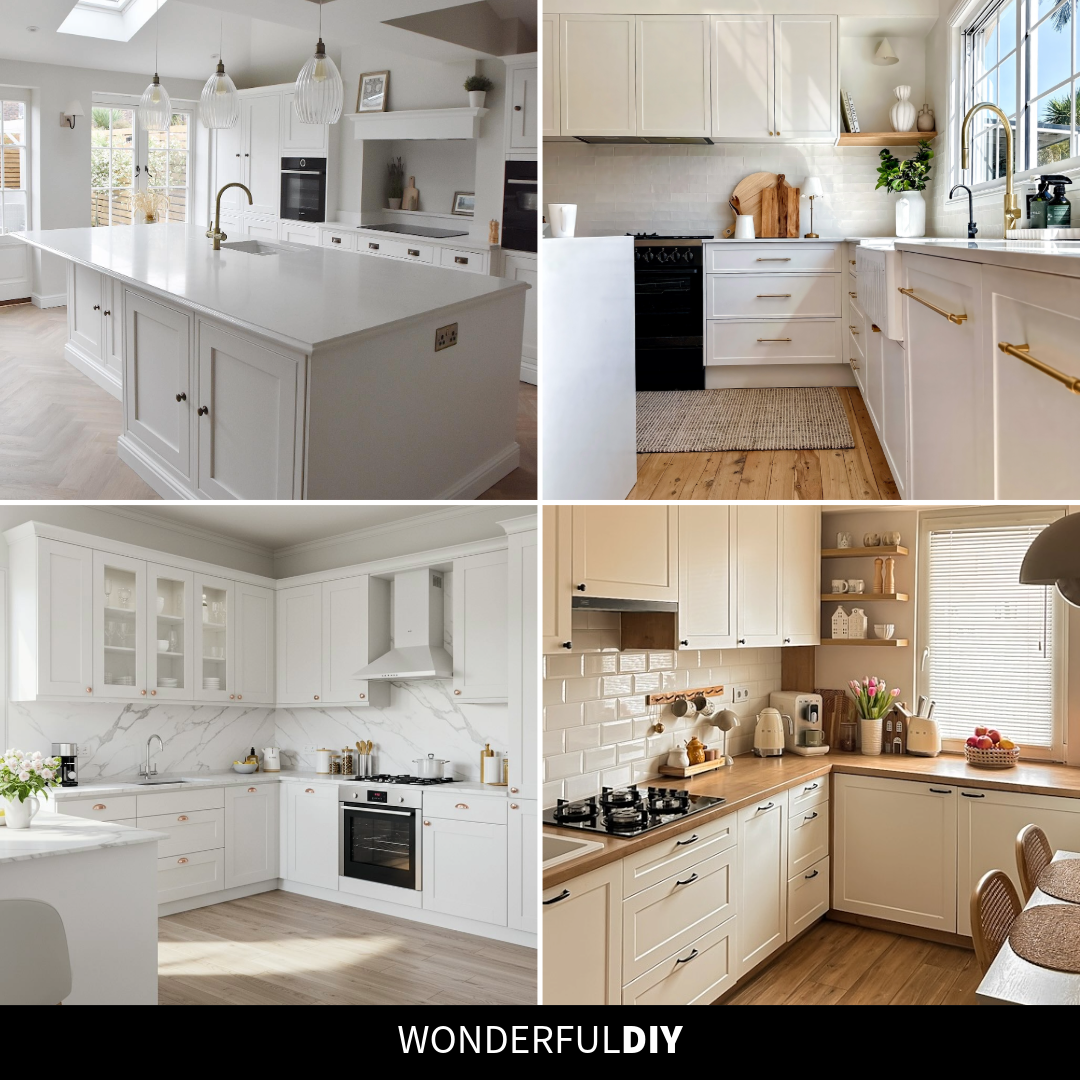 Collage of four white kitchen cabinet ideas showing shaker fronts, flat-panel designs, and classic raised panel styles with varied hardware and backsplashes