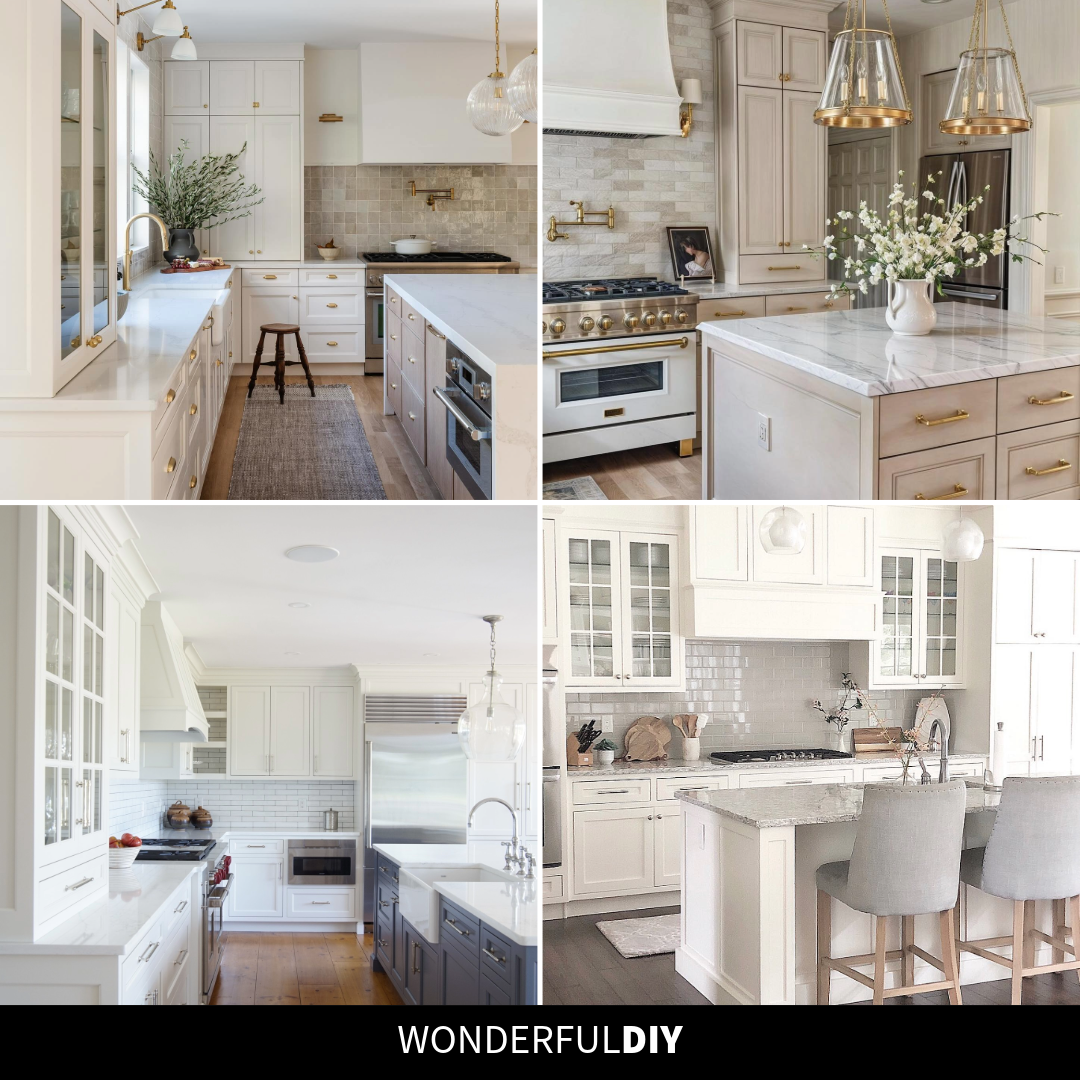 Four-image collage of warm white kitchens showing a cream shaker kitchen with earthen zellige tile, cream cabinets with brass pendants and marble island, white cabinets with charcoal gray island and pine floors, and all-white kitchen with glass cabinets and gray upholstered stools