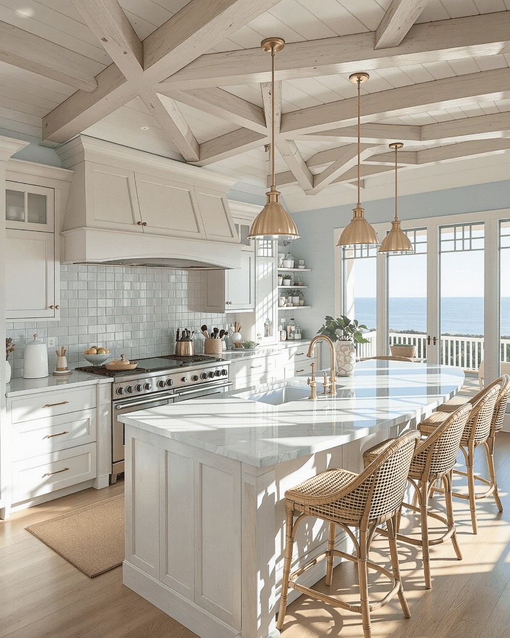 Spacious coastal kitchen with a whitewashed beamed and planked ceiling, white cabinets, a long white marble island, natural rattan counter stools, three brass dome pendants, soft blue tile backsplash, and french doors opening to an ocean view