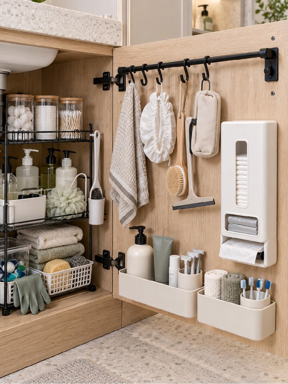 Open wood bathroom cabinet with a black metal wire tiered shelf holding glass jars and pump bottles, plus a mounted rod on the door with hanging towels, brushes and a squeegee alongside wall-mounted caddies