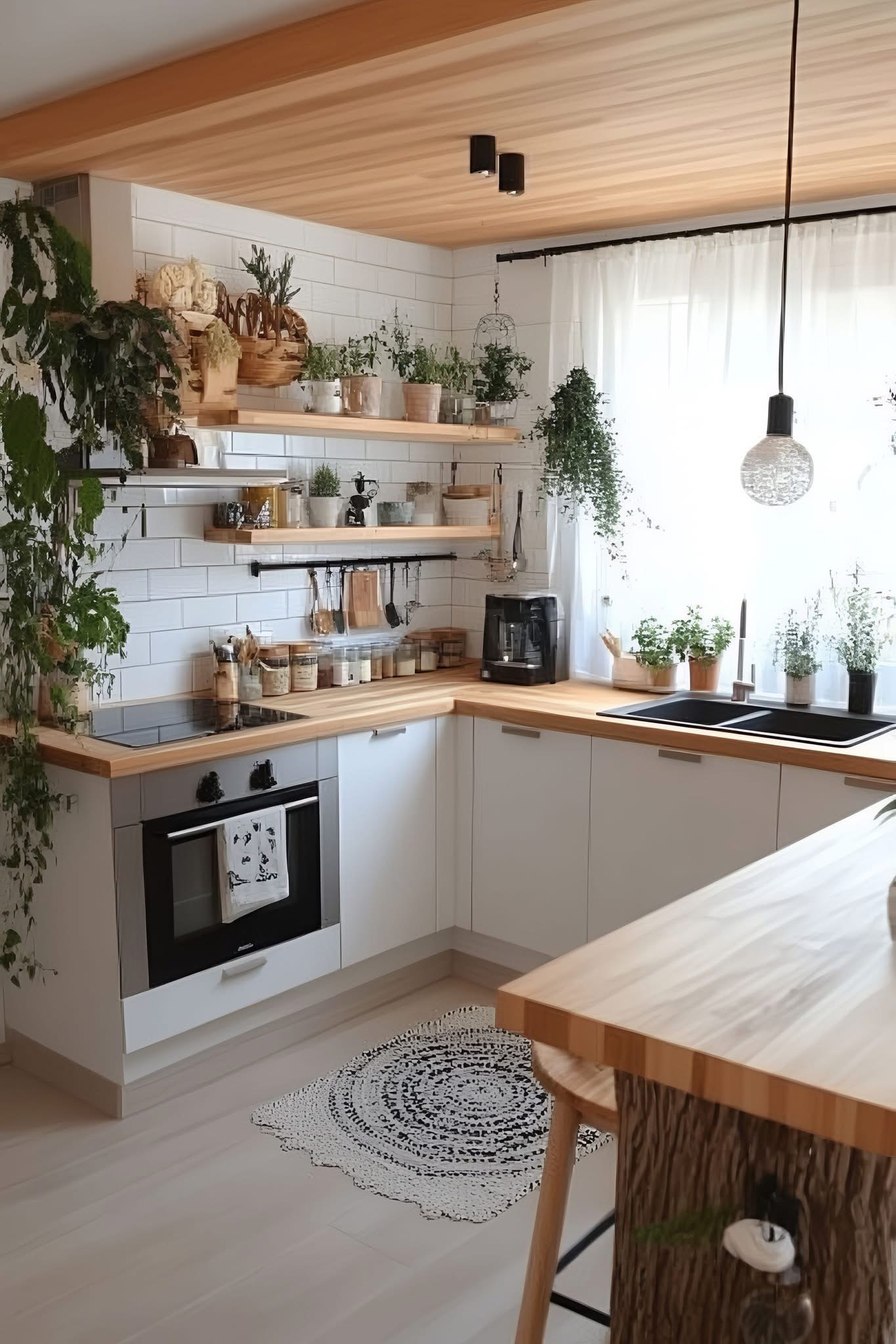 Boho kitchen with warm wood plank ceiling, white subway tile backsplash, lots of cascading pothos and trailing plants on open wood shelves, woven pendant light, butcher block counters, and a wood log table base
