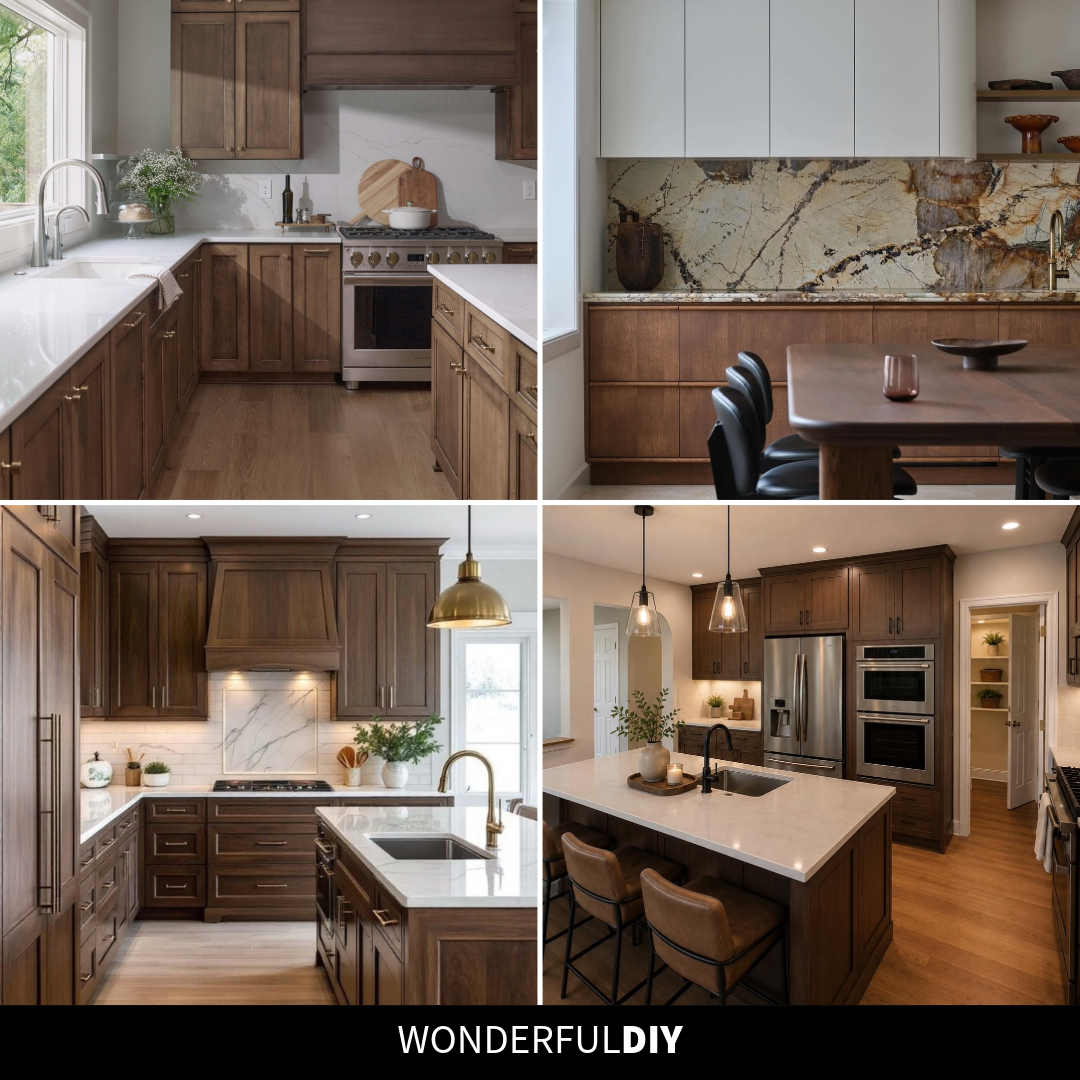 Collage of four wood kitchens showing dark walnut, warm oak and sage green cabinet styles across modern and traditional settings