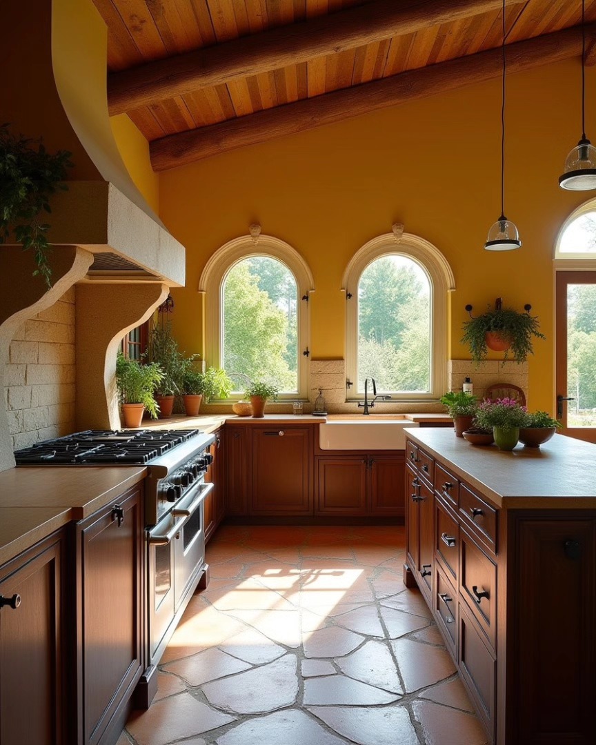 Golden yellow walled Tuscan kitchen with twin arched windows, dark mahogany cabinets, white farmhouse apron sink, stone range hood, irregular flagstone floor, and potted herbs on the windowsill